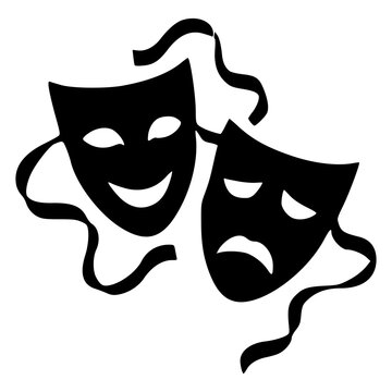 Gothic comedy and tragedy theater masks tied with ribbon, black silhouette vector icon for dark drama, acting, stage performance, emotions, carnival, tattoo, sticker and print designs.