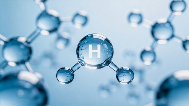3D illustration of a hydrogen atom model with surrounding molecular structures, representing chemical science and atomic research.