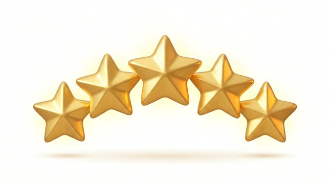 3D Five Golden Stars Customer Rating Badge Isolated on White Background