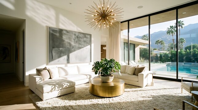 Stunning modern luxury living room with white sofas gold coffee table large sputnik chandelier and pool view