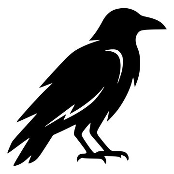 Gothic raven crow perched with wings folded looking sideways, black silhouette vector icon for dark mystical Poe nevermore, omen, corvid bird, Halloween, tattoo and sticker designs.