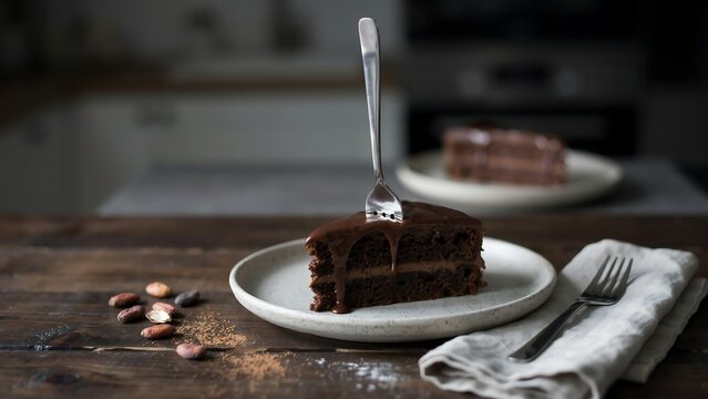 Single slice of moist chocolate cake with dripping ganache frosting on a ceramic plate on wooden surface
