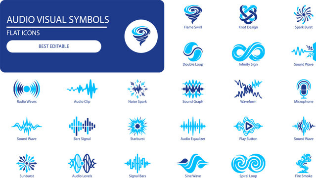 Soundwave and audio visual icons set. Minimal vector symbols of microphones, sound waves, and abstract audio elements for media and tech design.
