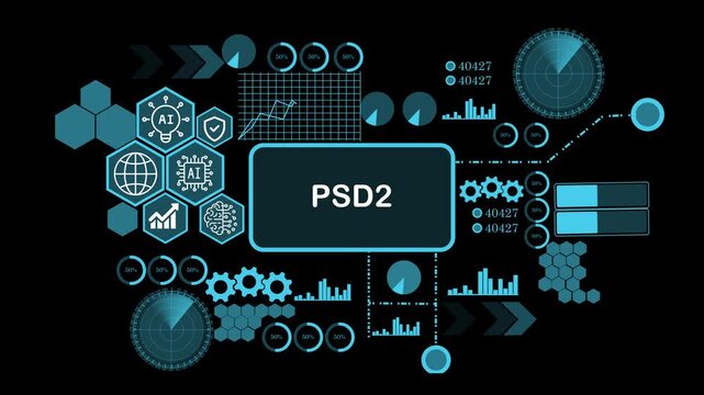 Futuristic PSD2 Technology Background with Artificial Intelligence AI, Data Analytics, Cybersecurity, Business Intelligence, Network Connections, HUD Interface and Data Visualization
