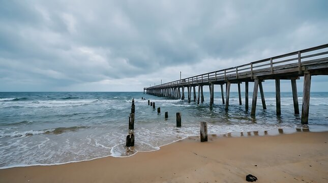 Wooden ocean pier extending into the sea over calm waves under a dramatic cloudy sky on a sandy beach shore