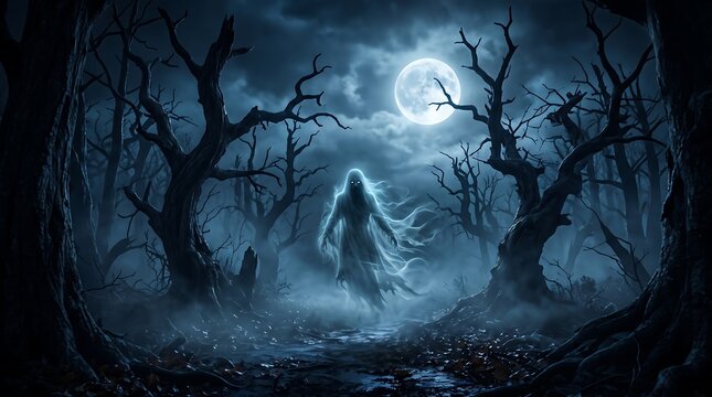 Ghostly figure emerging from thick fog in a dark forest under a full moon at night