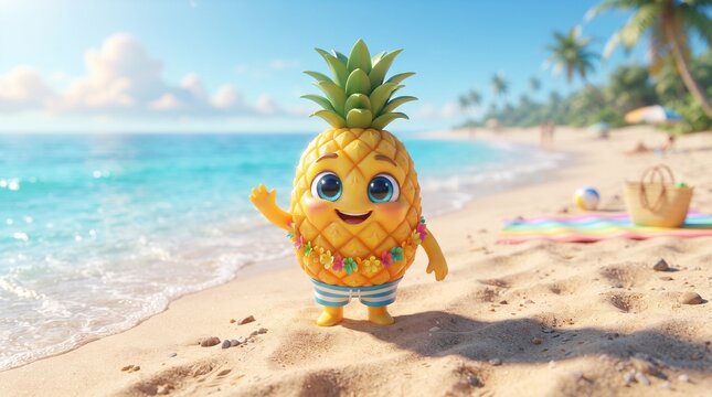 Pineapple cute cartoon on the beach