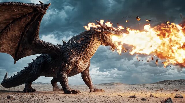 Gigantic fire breathing dragon roaming a desert at night cinematic of a prehistoric beast inspired by dinosaur and reptile creatures in a dramatic fantasy landscape