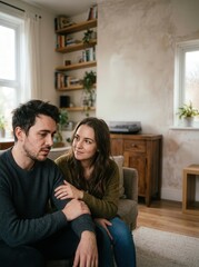 Fototapeta premium Supportive Young Woman Comforting Her Sad Partner During A Difficult Conversation At Home Living Room