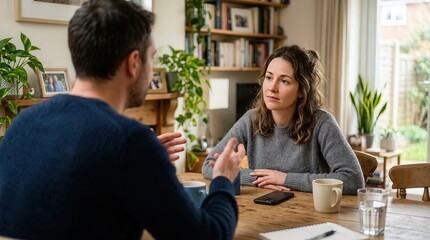 Fototapeta premium Young couple having a serious conversation at home while sitting at a wooden table in a cozy room