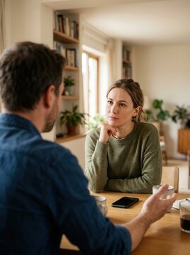 Thoughtful couple engaged in a serious conversation at home, discussing important matters with focused attention and mutual respect, fostering understanding and strengthening their bond