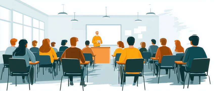 Illustration of an educational lecture hall with students and a professor, featuring simple shapes and lines.