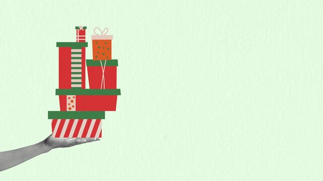 Hand holding and stacking Christmas gift boxes animation on light green background, Perfect for holiday greetings, Christmas promotions, and festive celebration video projects.