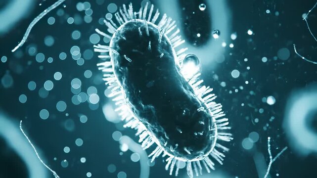 Blue bacteria cell floats in microscopic medical view. 3d virus cell moves in biology fluid. Germ organism causes infection. Abstract bacteria cell represents science and medicine research.
