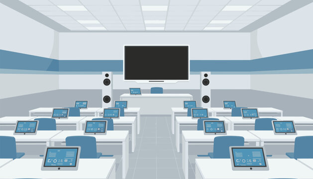 Digital classroom features rows of student desks equipped with tablets and a large display screen mounted on the wall for interactive learning.