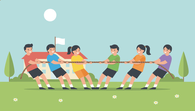 Group of diverse children enjoys a fun game of tug of war on a sunny day in the school playground while competing with their team members.