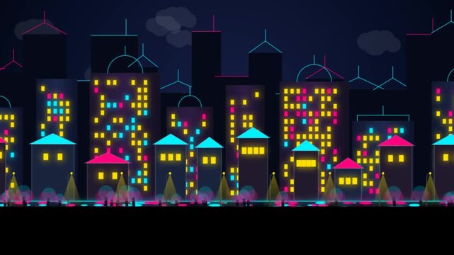 Animated Neon Night City Skyline with Glowing Windows