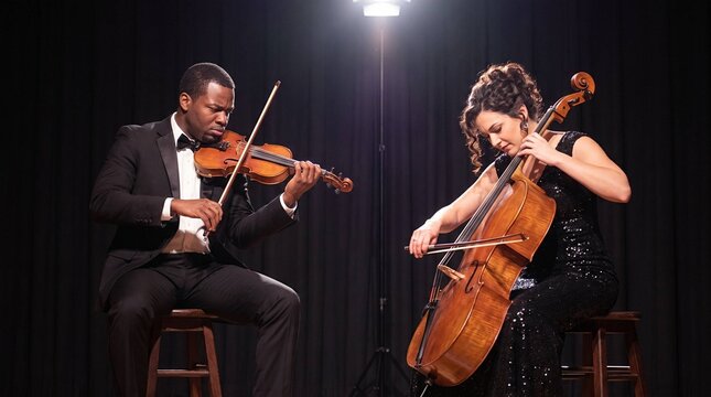 Violinist and Cellist Performing Classical Duet on Stage