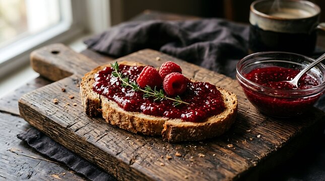 Slice of toasted bread with sweet berry jam and fresh raspberries on a dark rustic wooden cutting board for breakfast