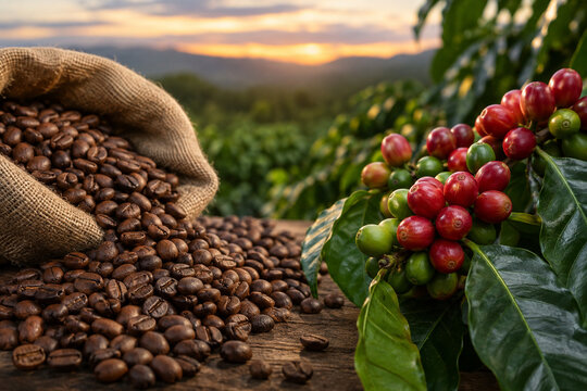 Coffee bean coffee cherry burlap sack plantation sunset leaf roasted green red harvest coffee bean spilling from burlap sack beside ripe coffee cherry plantation sunset, with glossy leaf