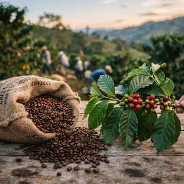 Fresh Coffee Beans Scattered on Ground in Lush Coffee Garden with Green Leaves, Natural Brown Seeds, Aromatic Caffeine Crop and Rustic Agricultural Setting