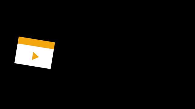 A clean motion graphics animation featuring a camera REC recording icon symbol transitioning into a stylized video media player window on a black background