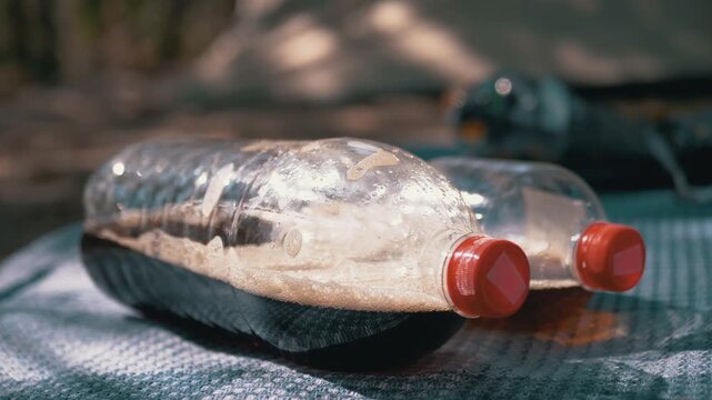 Two plastic bottles of dark carbonated soda rest on a fabric picnic blanket in dappled sunlight. Foamy bubbles within the liquid promise cool refreshment on a camping trip.