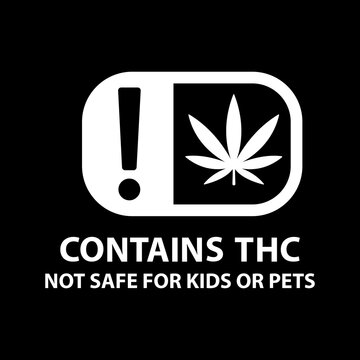Contains THC Not Safe for Kids or Pets Warning Label, White Cannabis Leaf on Black