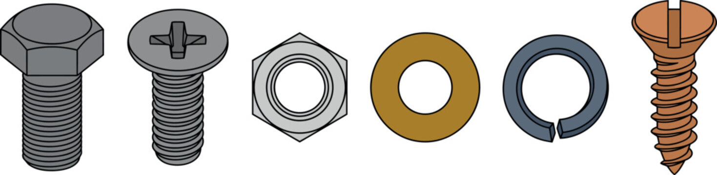 Set of various metal fasteners and hardware components including bolts screws nuts and washers rendered in a clean vector style for engineering and 