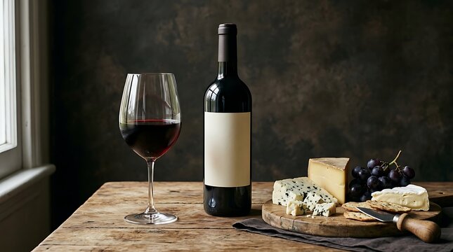 A bottle of red wine with a glass and cheese board on a wooden table in a dimly lit room