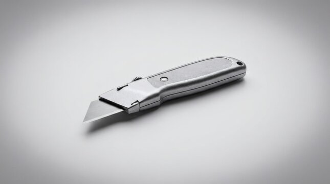 Metallic utility knife isolated on white background, sharp box cutter tool for construction, steel razor blade craft knife