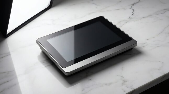 Modern digital tablet with blank screen on white marble surface, sleek touchscreen device mockup for technology presentations