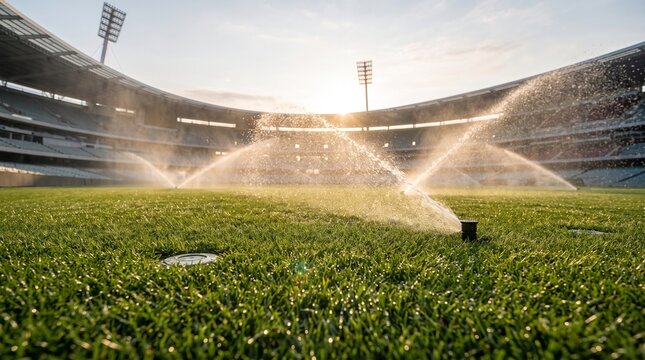 Automatic sprinkler system watering the green grass field of a large professional sports stadium at sunset