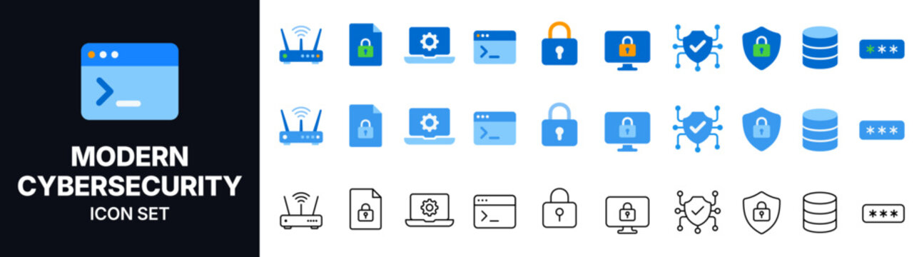 Modern Cybersecurity Icon Set with Secure Router, Padlock, Terminal, Malware Protection, Shield, Database, Password and Network Security Symbols in Blue Vector Style