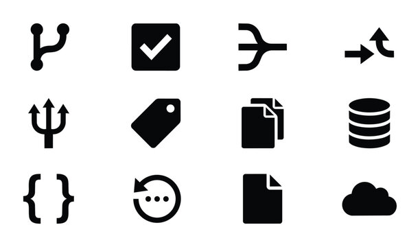 Set of 12 Black Vector Icons: Git Branch, Checkmark, Merge, Arrows, Trident, Tag, Documents, Database, Braces, Refresh, File, Cloud