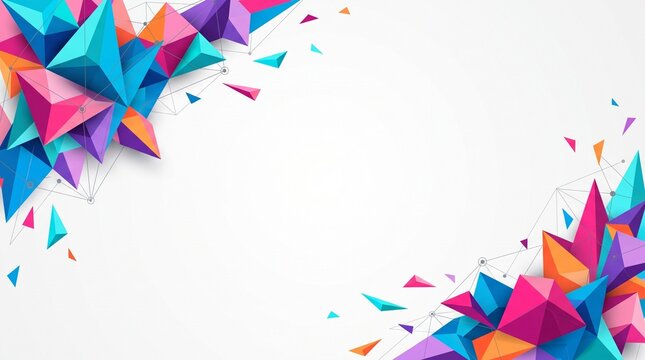 Colorful geometric 3D triangles forming abstract clusters on white background