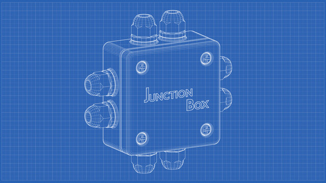 Wall-Mount Electrical Distribution Box. Engineering schematic Blueprint. 3D rendering isolated on blue background. Ideal for professionals, educational, engineering, industrial design