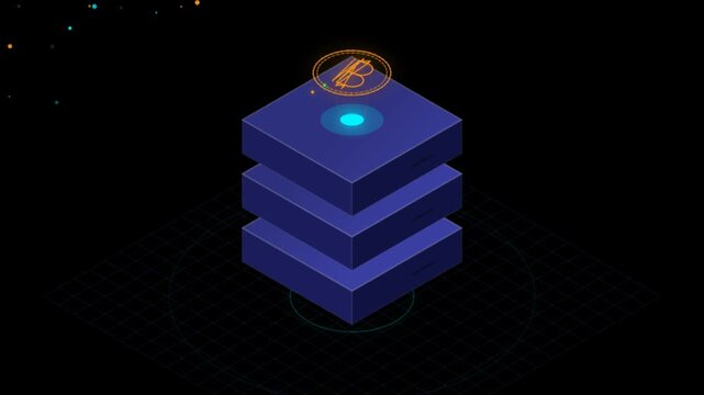 Isometric bitcoin server storage and cryptocurrency mining animation