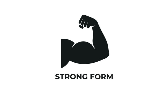 Muscular arm flexed in a powerful pose representing strength and athletic fitness displayed as a bold minimalist black vector graphic illustration