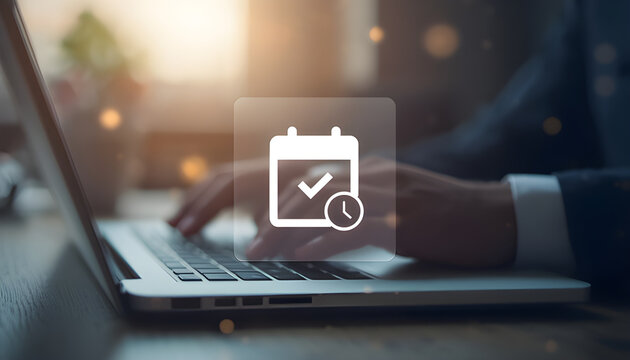 Calendar with checkmark and clock icon displayed on a laptop keyboard blurred background appointment scheduling