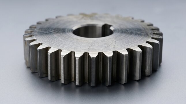 Metal industrial gear with precise teeth arrangement displayed on neutral surface for mechanical engineering reference