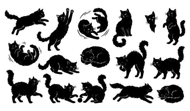 Cute Fluffy Black Cats Linocut Style Collection, Funny Animal Portraits Vector Illustration