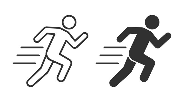 Minimalist vector graphic illustration featuring simple human stick figures running quickly with horizontal speed lines effect