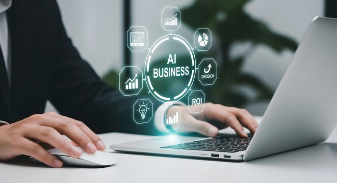 A professional person using a laptop and mouse with digital business graphics floating in the air.