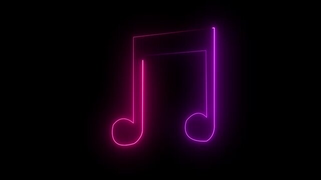 Glowing neon line musical note icon on black background. Music symbol neon color reveal and glowing loop effect animation 4k motion video.