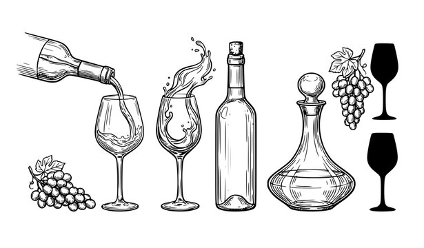 Hand drawn wine collection with pouring bottle, wine glasses, decanter, grapes and elegant beverage silhouettes