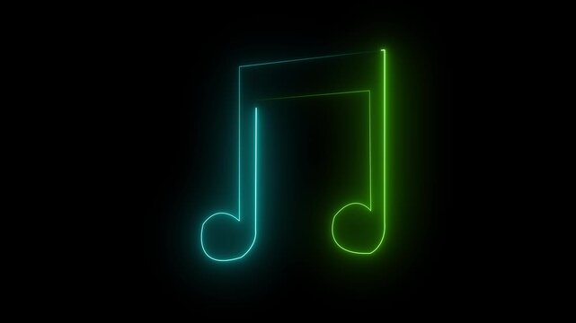 Glowing neon line musical note icon on black background. Music symbol neon color reveal and glowing loop effect animation 4k motion video.