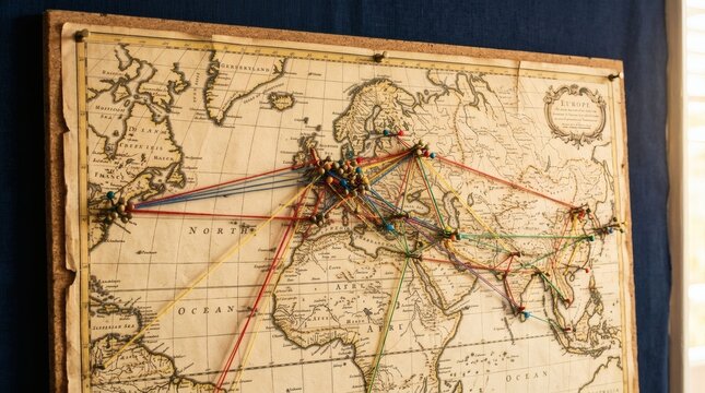Vintage world map pin board with connected strings, antique global network map for travel planning, old world navigation chart