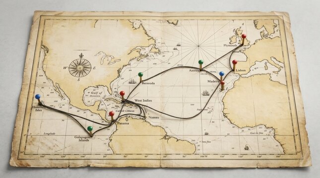 Vintage world map travel route, old parchment chart with push pins and string, historical navigation map for adventure concepts