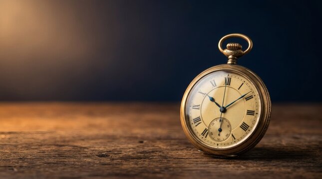 Vintage pocket watch on rustic wooden table, antique brass timepiece with warm lighting, classic analog clock for history and deadline concepts